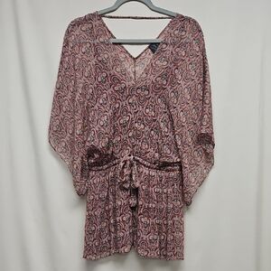 Ella Moss 100% Silk Burgundy Paisley Sheer 3/4 Sleeve Tie Waist Tunic